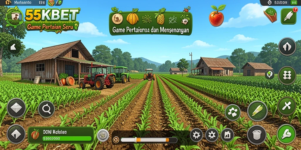 Tampilan gameplay <strong>55KBET</strong> yang ceria dan interaktif di dunia pertanian.