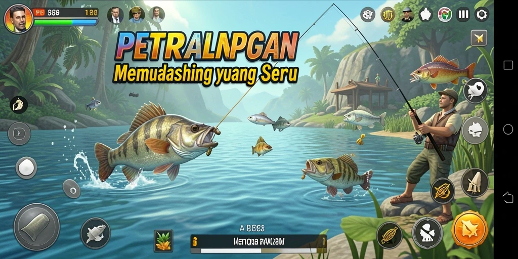 Screenshot FBRP88 menampilkan pemain menangkap ikan di danau yang indah.