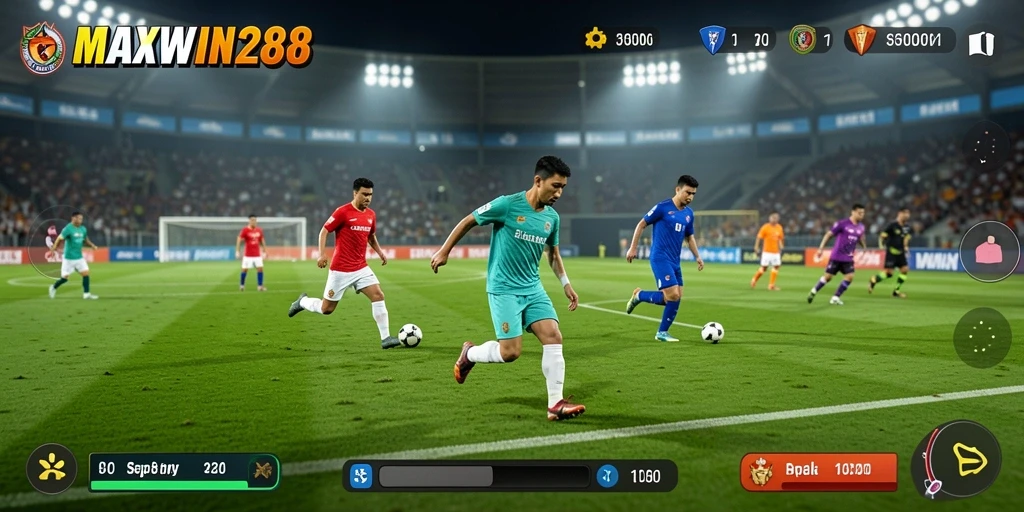 Screenshot gameplay menunjukkan aksi seru di lapangan sepak bola.
