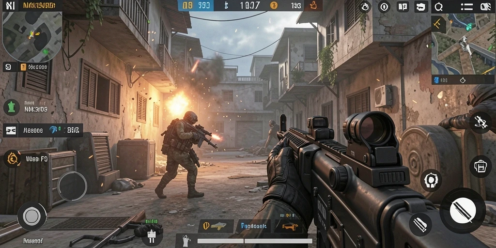 Screenshot gameplay NX303 menampilkan aksi mendebarkan di arena FPS.
